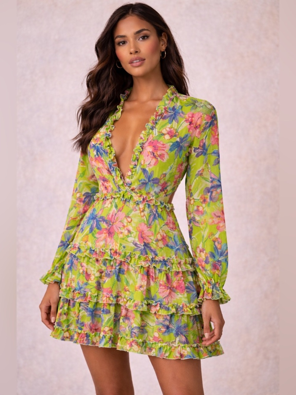 Bright Floral Ruffle Dress | Plunging Neckline | Tiered Mini
